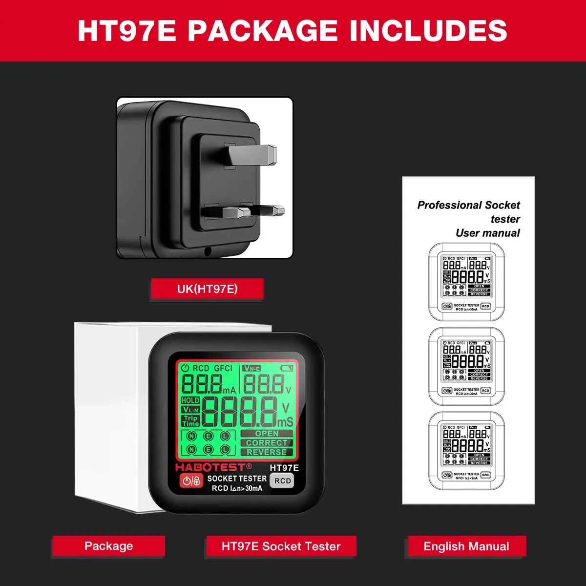 HABOTEST HT97 Digitaler Steckdosentester Intelligenter Spannungsdetektor RCD GFCI Spannungstest EU US UK Stecker Großes Display Steckdosentester – Detail 15