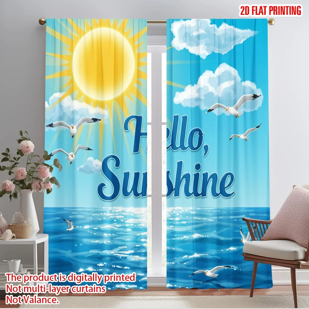 

2pcs 2D flat printing Drapes Hello Sunshine Summer Ocean Polyester Without Electricity All Season Party & Holiday Decor Use for