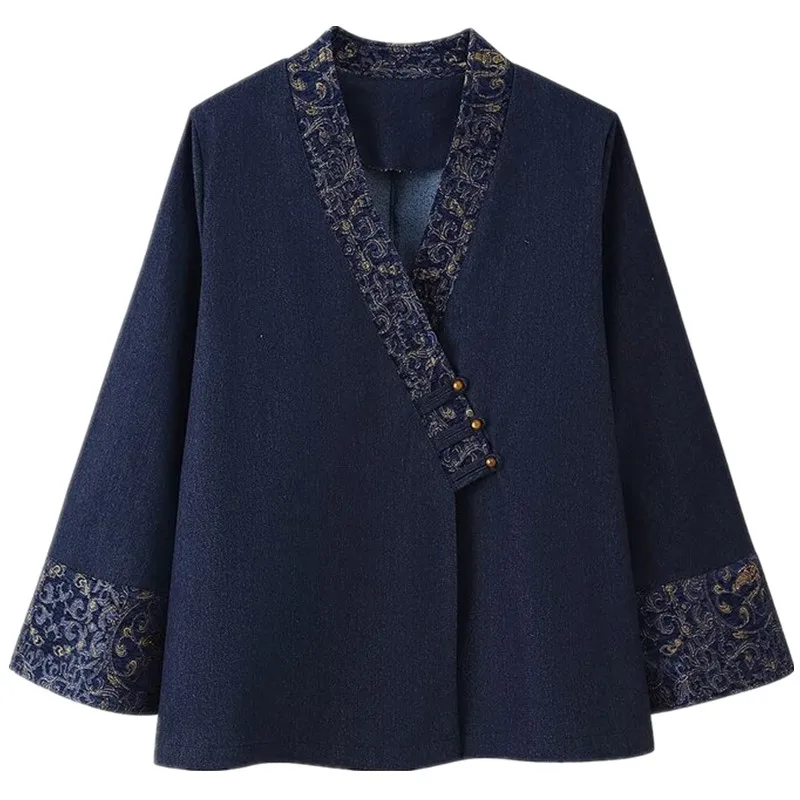 

Women's Versatile Autumn 2025 New Denim Effect Kimono Sle Jaet Long Sve All-Match Floral Embroidery Faion Outerwear