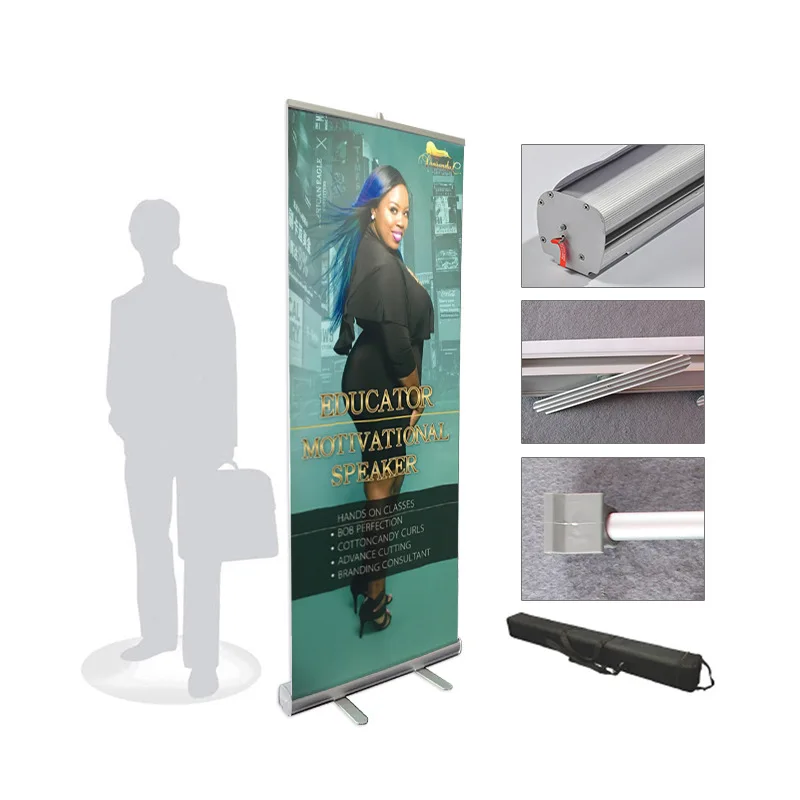 Custom PP PVC PET Print Promotion Banner, Advertising Sign Hanging Poster, Aluminum Retractable Roll Up Display Stand, 80x200cm