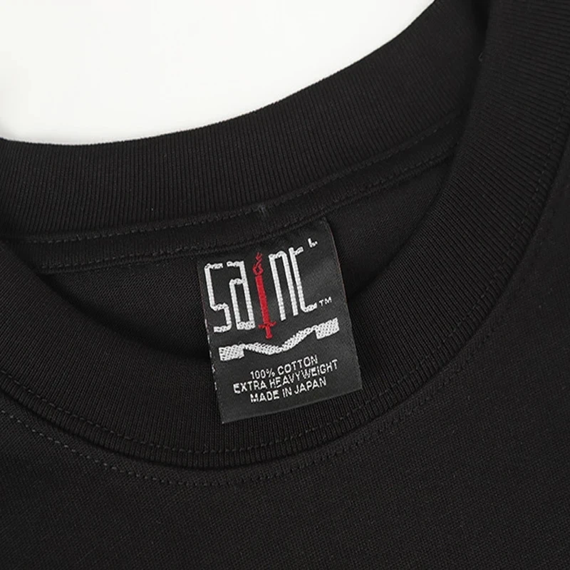 الأزرق الكرتون الملاك طباعة سانت طويلة الأكمام تي شيرت الرجال النساء للجنسين القطن المتضخم المحملة القمم قاعدة سوداء تي شيرت مع العلامات