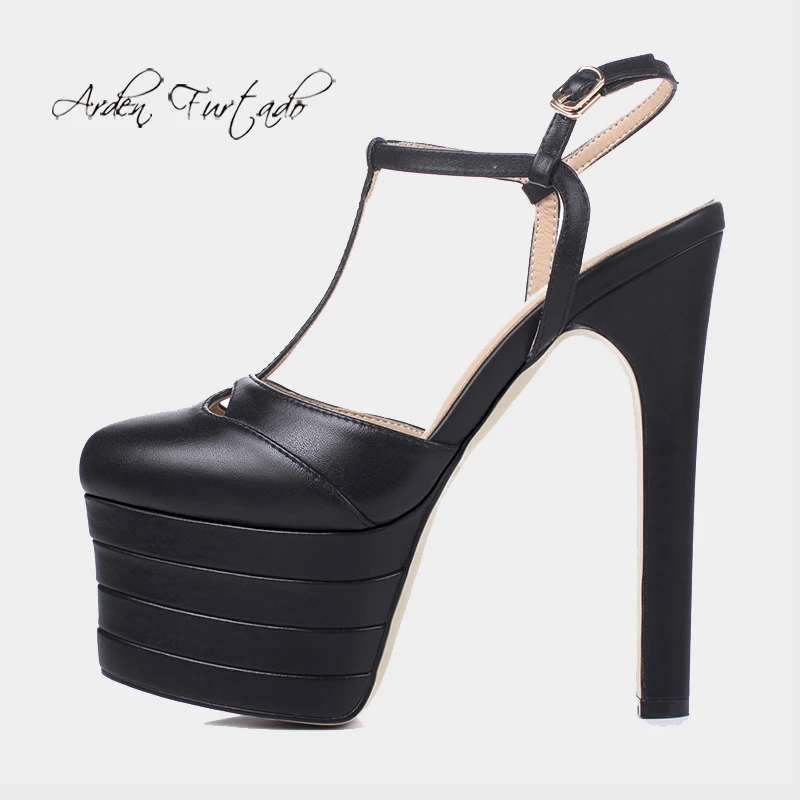 

Arden Furtado 2024 Summer Cowhide Round toe Platform Mixed Colors T belt Super high heel Buckle strap Closed toe Sandals