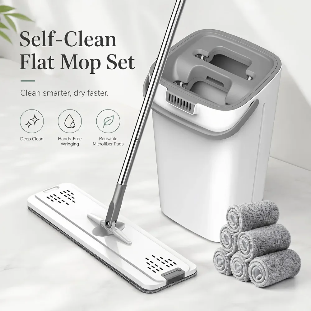Flat Mop Bucket Set with 6 Washable Microfiber Pads Self Cleaning No Hand Wringing Wet Dry Use for Home Kitchen Bathroom Bedroom