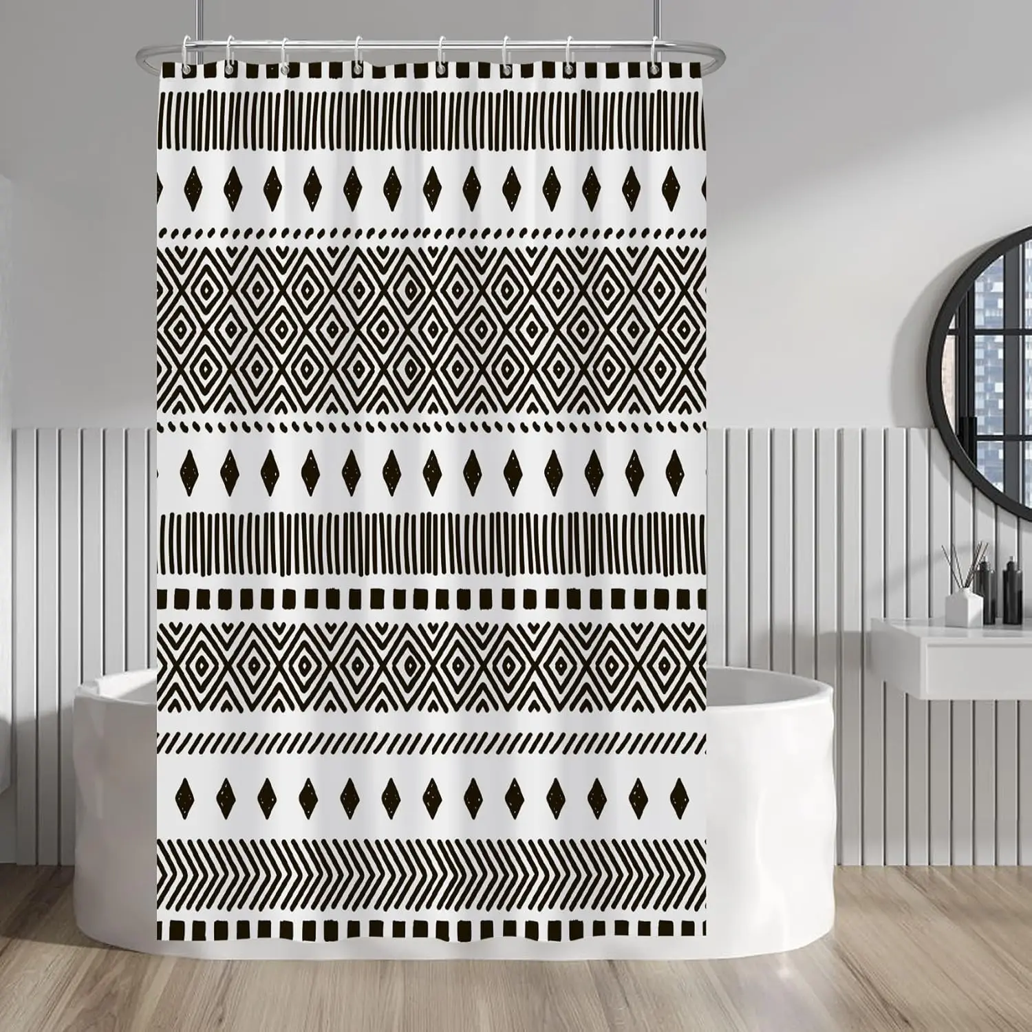 

Geometric Tribal Shower Curtain Black White Pattern Boho Decor Modern Bathroom Design Ethnic Print Bath Accessory Minimalist
