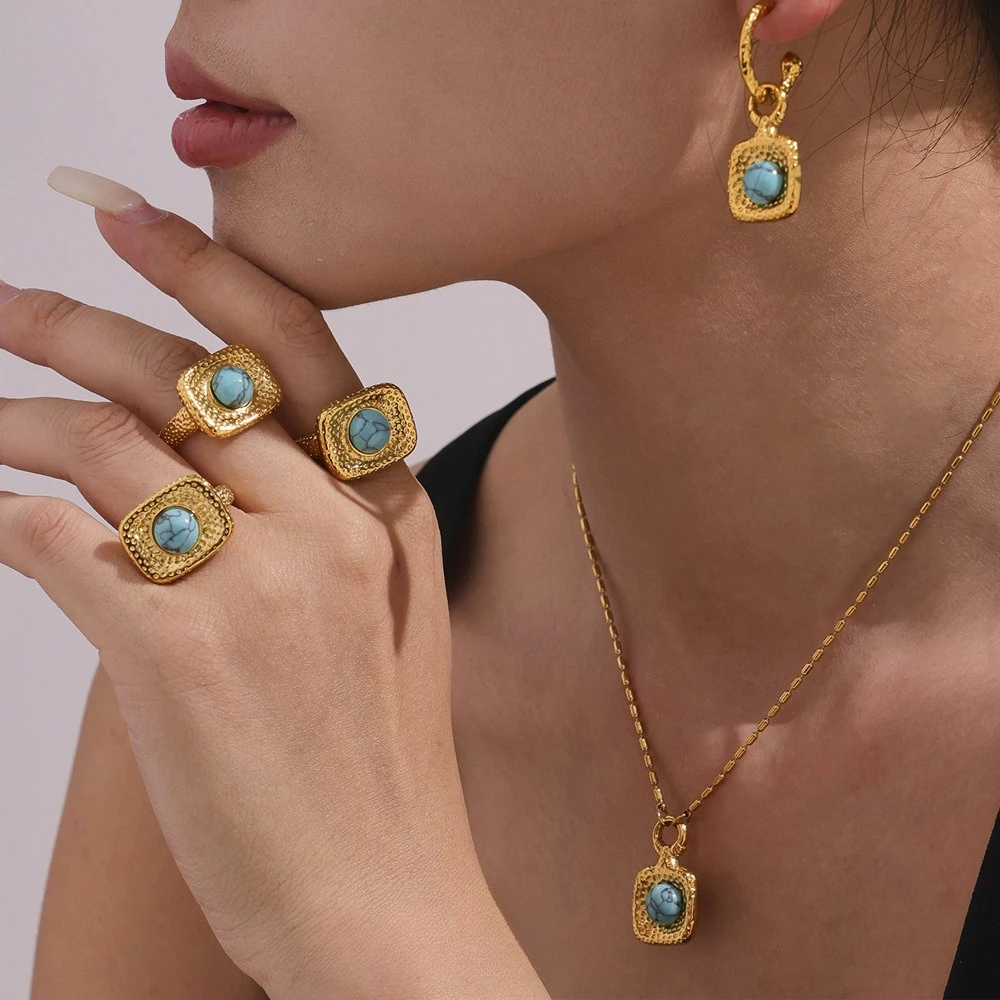 

Boho Women Titanium Gold-Plated jewelry set Turquoise Teal Tones Square Hammered Coastal Romance jewelry for Sunset Toasting