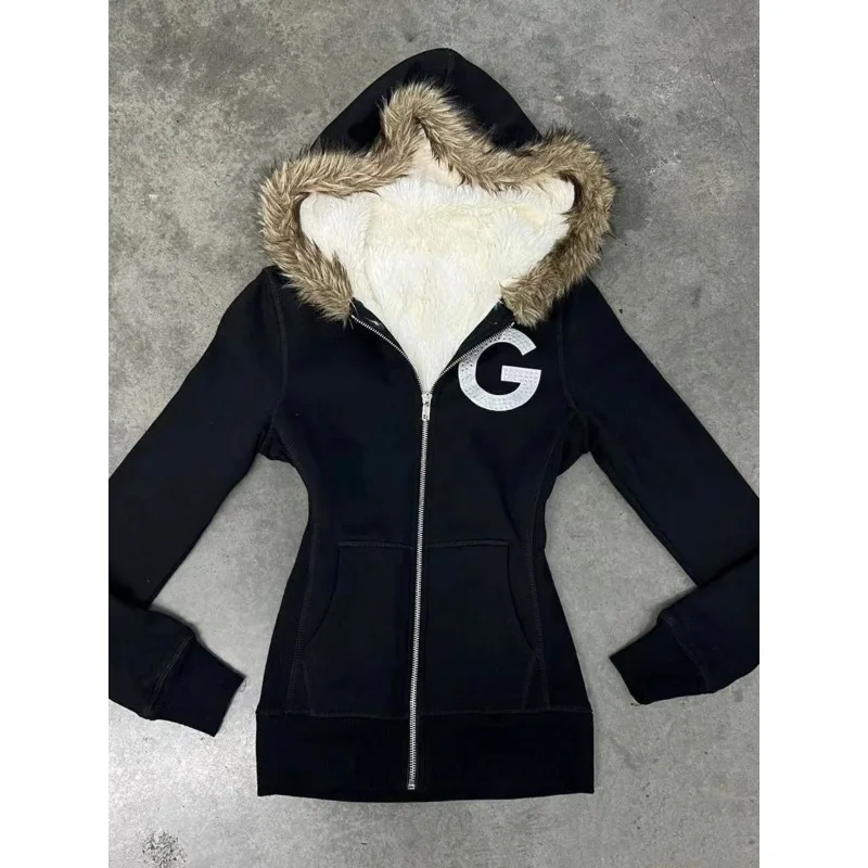 American Vintage Subculture Letter G Print Hoodies Winter Y2k Black Plush Design  Long-sleeved Hoodie Womens Slim Fleece Outwear