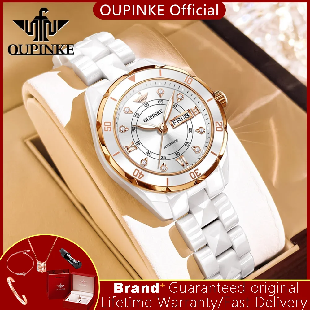 OUPINKE 3301 Automatic Watches for Women Elegant Luxury Fully Ceramics Strap Rose Gold Diamond Dial Ladies Mechanical Wristwatch