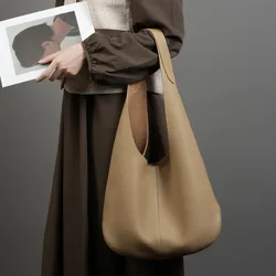 Zency Natural Leather Handbag For Ladies Simple Cowhide Slouchy Bag Composite Bags 2024 New Tote Shoulder Underarm For Shoppers