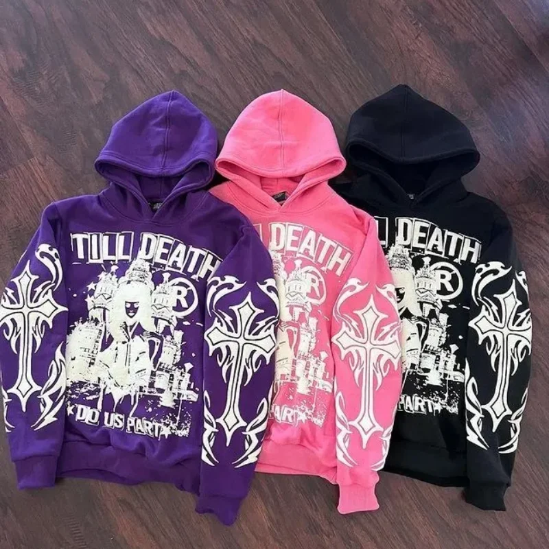 Hoodie with letter printing and cartoon pattern, hooded sweatshirt, 2026, Harajuku clothing, men's and women's tops, Gothic styl