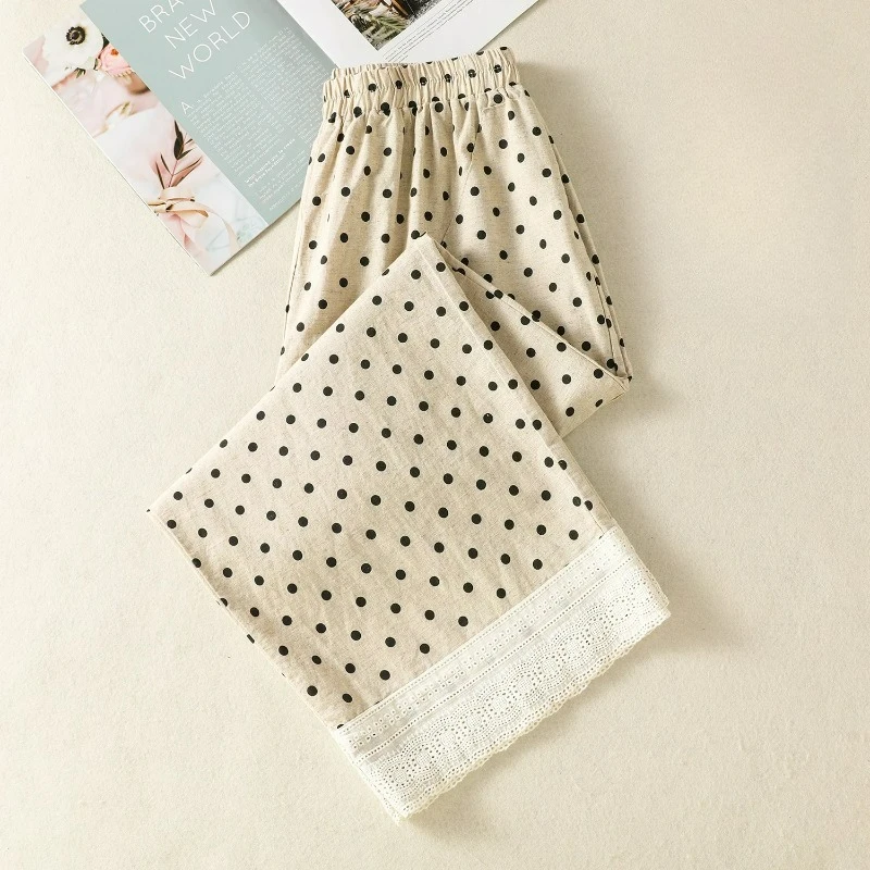 ฤดูร้อนใหม่วินเทจผ้าฝ้ายลินินกางเกงขากว้างผู้หญิงเกาหลีแฟชั่นลายจุดเอวยางยืดตรงข้อเท้ายาวกางเกง