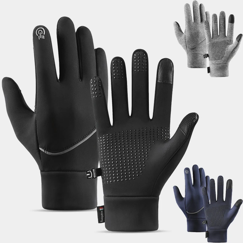 

1Pair Men Women Non-slip Palm Touch Screen Windproof Waterproof Thermal Warm Sports Cycling Black Gloves Adding Fleece, Grey