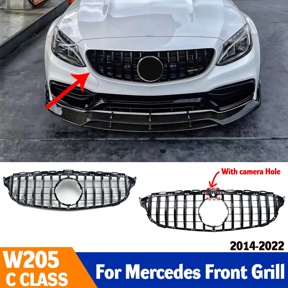 

For Mercedes Benz C W205 C205 S205 C180 C200 C260 C250 C300 C43 2014-2022 Glossy Black GTR Style Grille accesorios para auto