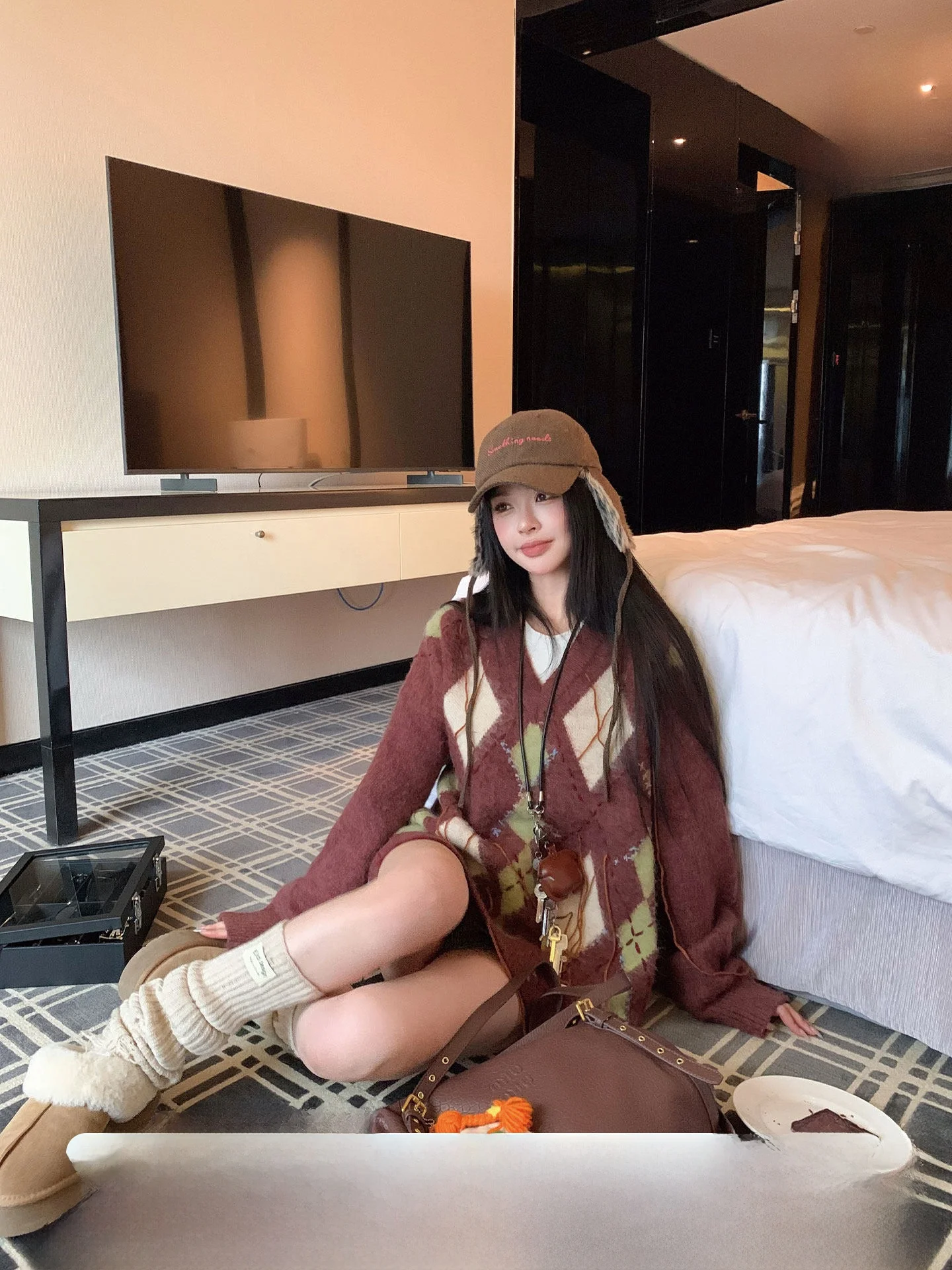 

Loose Fit Woolen Sweater Women's Korean Sle Vintage Diamond Pattern Casual Comfortable V-Ne Long Sve Autumn Winter Top