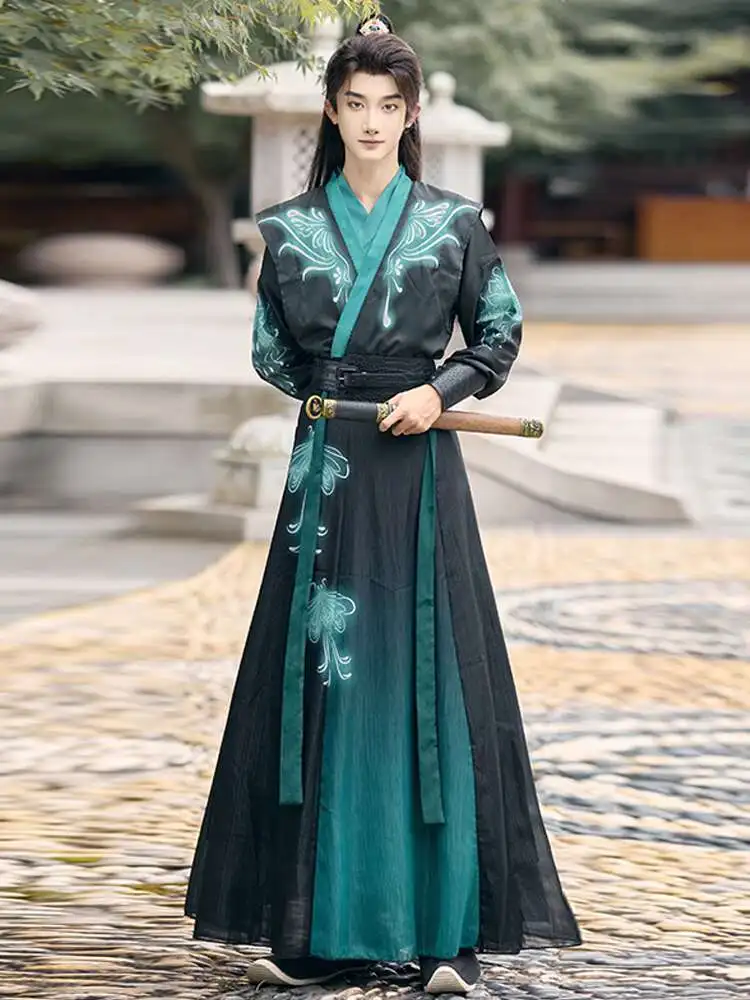 Nuevo Hanfu carnaval Halloween Cos Cosplay experto caballeroso manga sobre vestido fluye collares cruzados estampado disfraz Fiesta