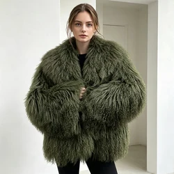 Real Fur Coat Women Natural Sheepskin Fur Coat Light Green Mongolian Lamb Jacket With Shawl Collar Winter Coats Woman Warm
