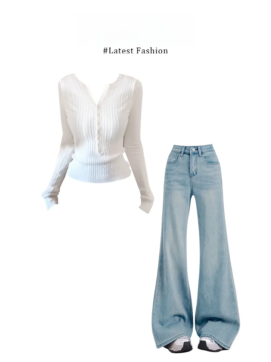 

Комплект из двух предметов: вязаный свитер с длинными рукавами и широкие джинсы в корейском стиле Parkyeon Early Spring New Style для женщин