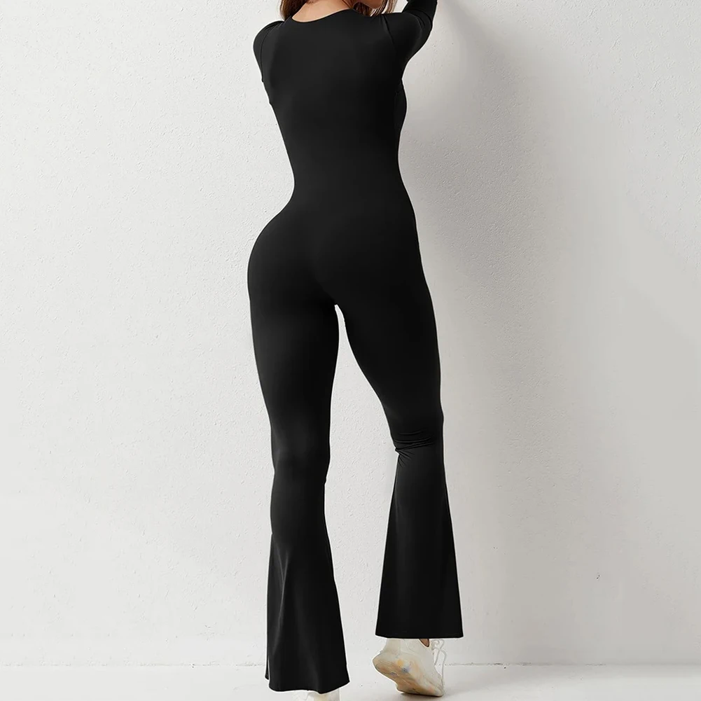 Nuevas mujeres otoño de manga larga cuello cuadrado Slim Fit acampanado ceñido al cuerpo mono pantalones mameluco mono elegante mono de mujer Simple