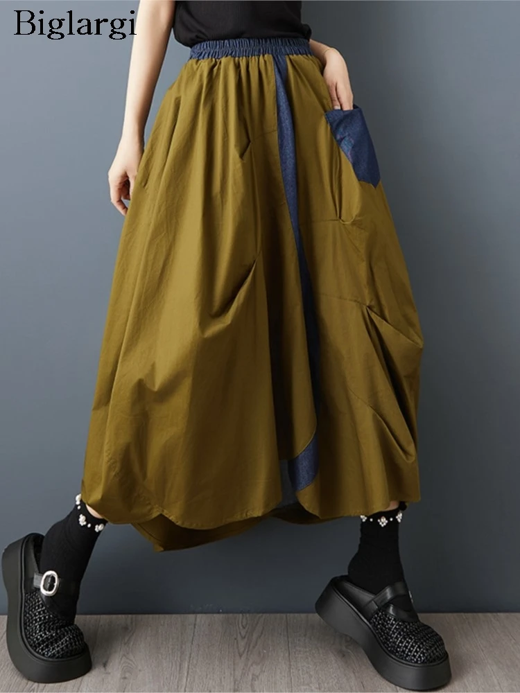 

Oversized Summer Elastic Waist Skirt Women Denim Irregular Patchwork Modis Pleated Ladies Skirts Casual Loose A-Line Woman Skirt