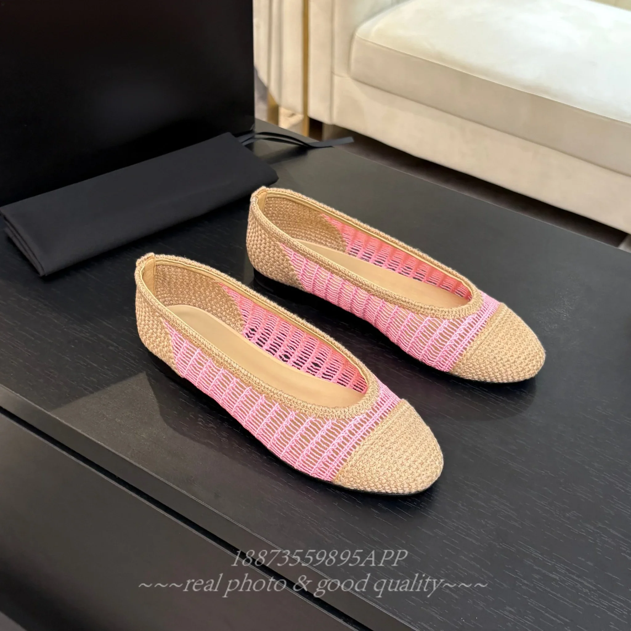 Las nuevas zapatillas de ballet tejidas para mujer de primavera y otoño son planas y cómodas, con un estilo arena y una abertura poco profunda.