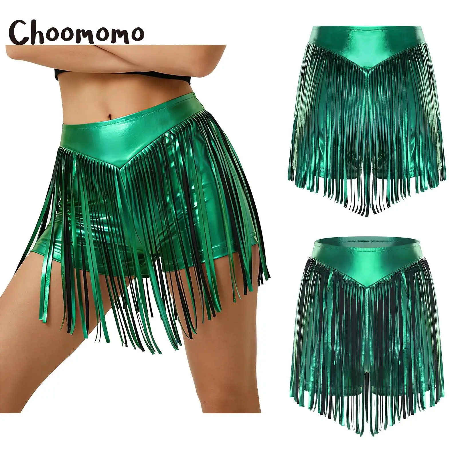 Womens Metallic Shiny Latin Jazz Dance Shorts Hot Pants Tassel High Waist Fringed Iridescent Booty Shorts Rock Concerts Clubwear