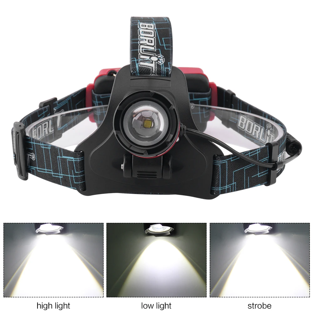 BORUiT B9 Powerful Zoomable LED Headlamp 18650 Rechargeable Headlight Waterproof Work Fishing Search Camping Hiking Head Torch