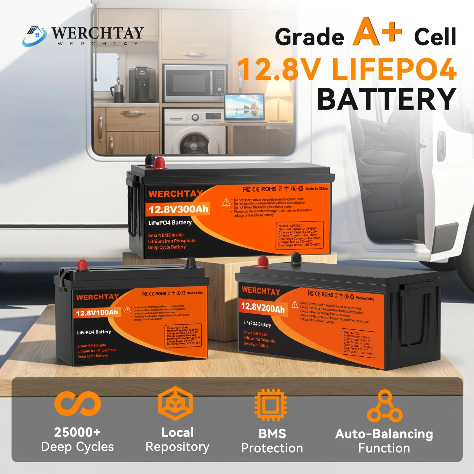 

WERCHTAY 12.8V LiFePO4 Battery 300/200/100Ah Lithium Battery Built-in BMS, Grade A Cell, 25000+ Deep Cycle, 3840/2560/1280Wh Rechargeable Battery for RVs Travel Trailer Trolling Motor Fishing Engines Home Energy Storage--Spring Early Bird Special
