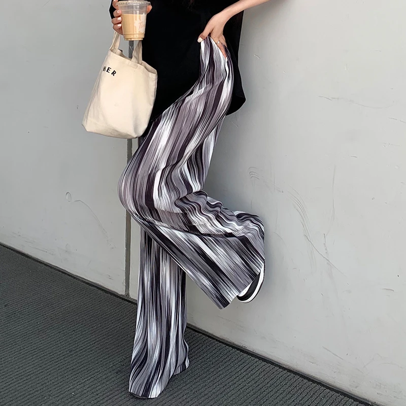 Fashionable High-Waisted Loose Wide-Leg Striped Pleated Straight Casual Pants