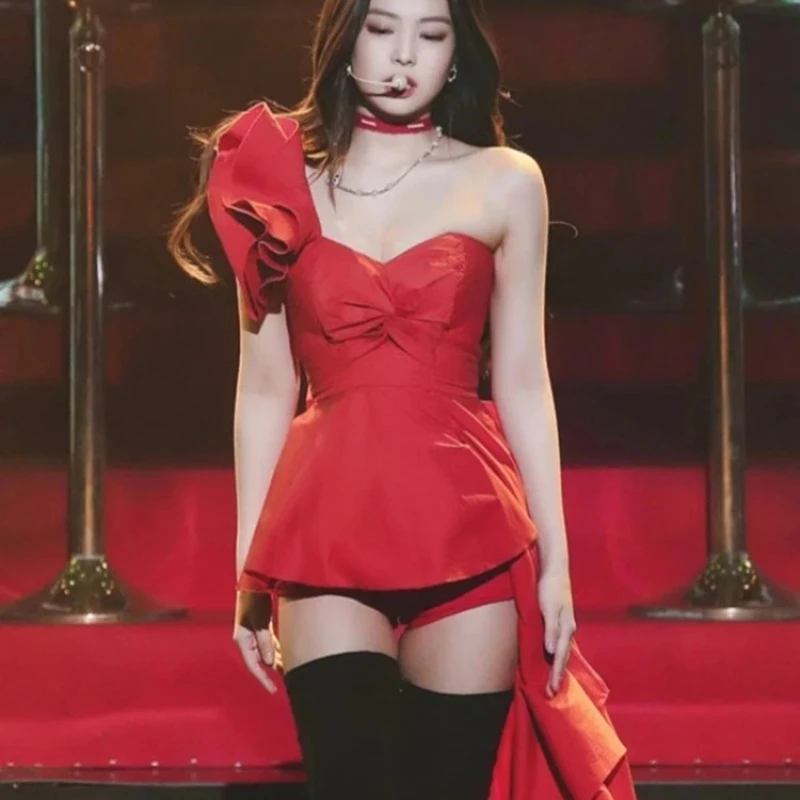 Xing Ju Kpop Women Group Stage Nightclub Red Off-Shoulder Irregular Dress Concert Outfits Rave Wear DJ Sexy Performance Costume