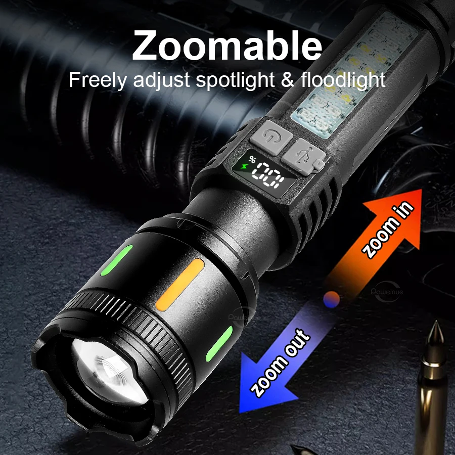 2026 New 9900000LM Powerful Flashlight IPX6 Telescopic Zoom Flash Lights Type-c Rechargeable LED Torch Outdoor Adventure Camping