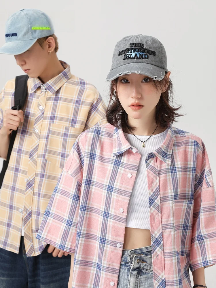 

MMOPTOP Summer Casual Plaid Men's irt ort Sve Couple's Trendy Top Ice Sensation Loose Fit Polyester Cotton Blend