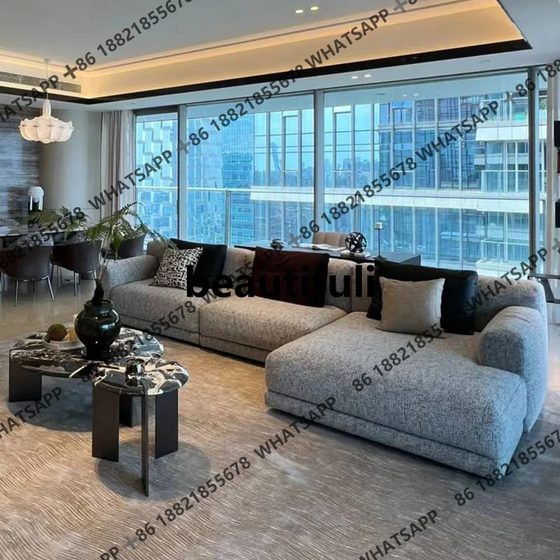 

High-end cotton and linen fabric sofa combination corner living room, large flat floor, high-end concubine