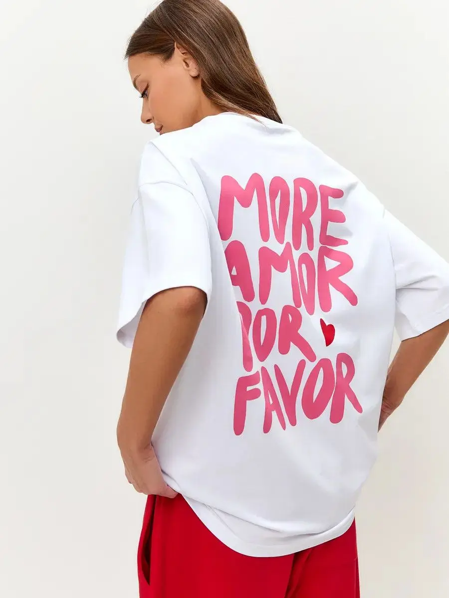 Women Soft Cotton T-Shirt More Amor Por Favor Spanish Slogan Mini Red Heart Graphic Loose Latin Vacation Casual Short Sleeve Tee