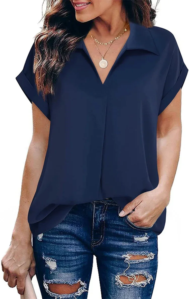 Women Summer Style Blouses Shirts Lady Casual Turn-down Collar Batwing Sleeve Solid Color Loose Blouse Tops