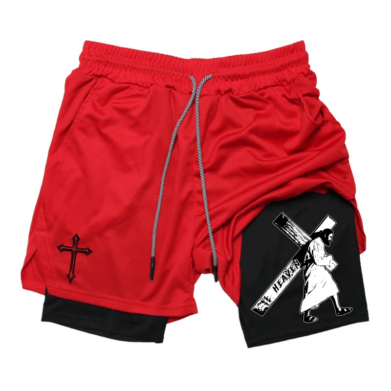 شورت Angel Cross Graphic 2 في 1 للتمرين والجري للرجال، شورت رياضي سريع الجفاف مع جيب للهاتف، حلقة منشفة، ملابس رياضية