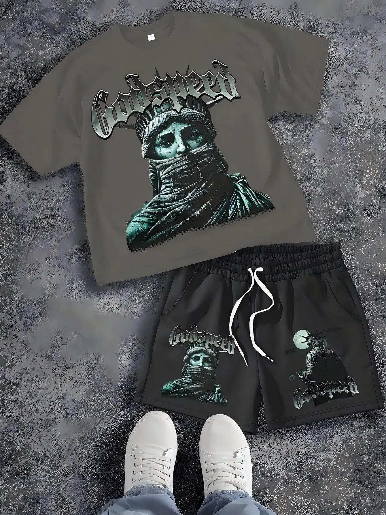 Men's Summer Gothic Statue of Liberty Printed Comfortable Breathable Round Neck T-shirt Drawstring Shorts Set Outdoor Streetwear view 4