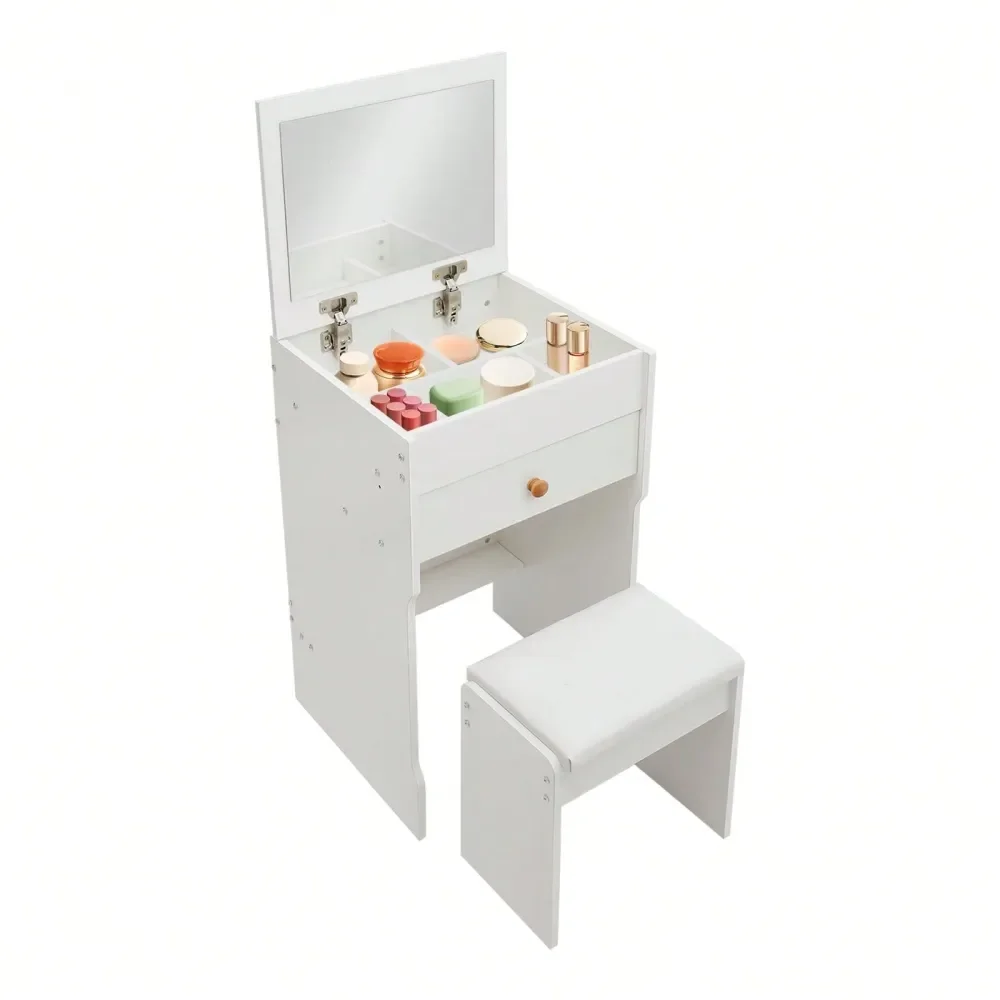 

3 In 1 Vanity Desk With Mirror Compact Vanity 15.8inch With Flip Top Storage Black Walnut Makeup Table With Stool For Small Spa