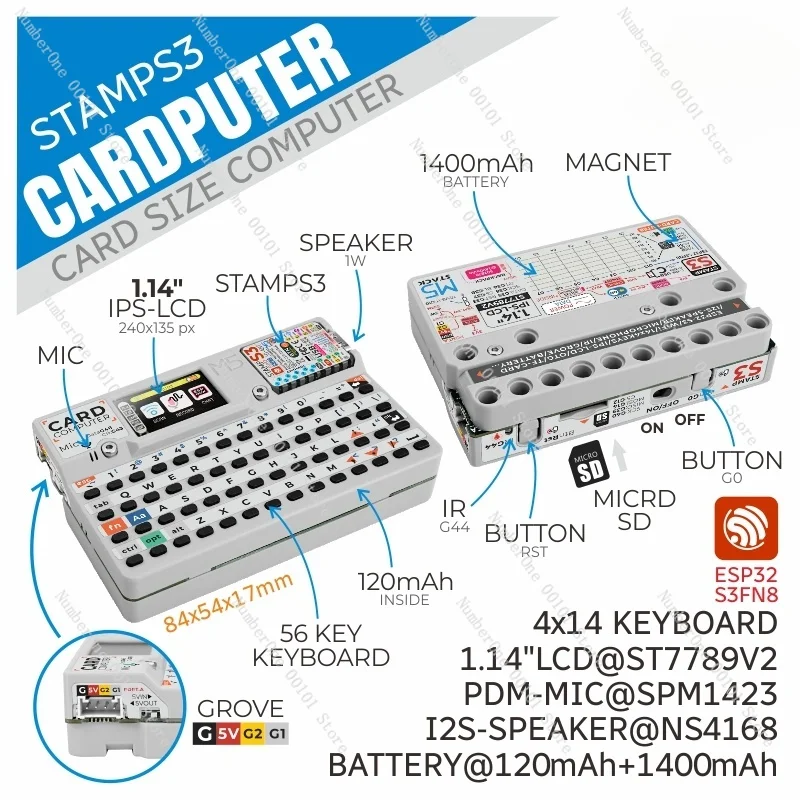 Cardboard StampS3 Microcontroller 56 Keyboard Card Computer