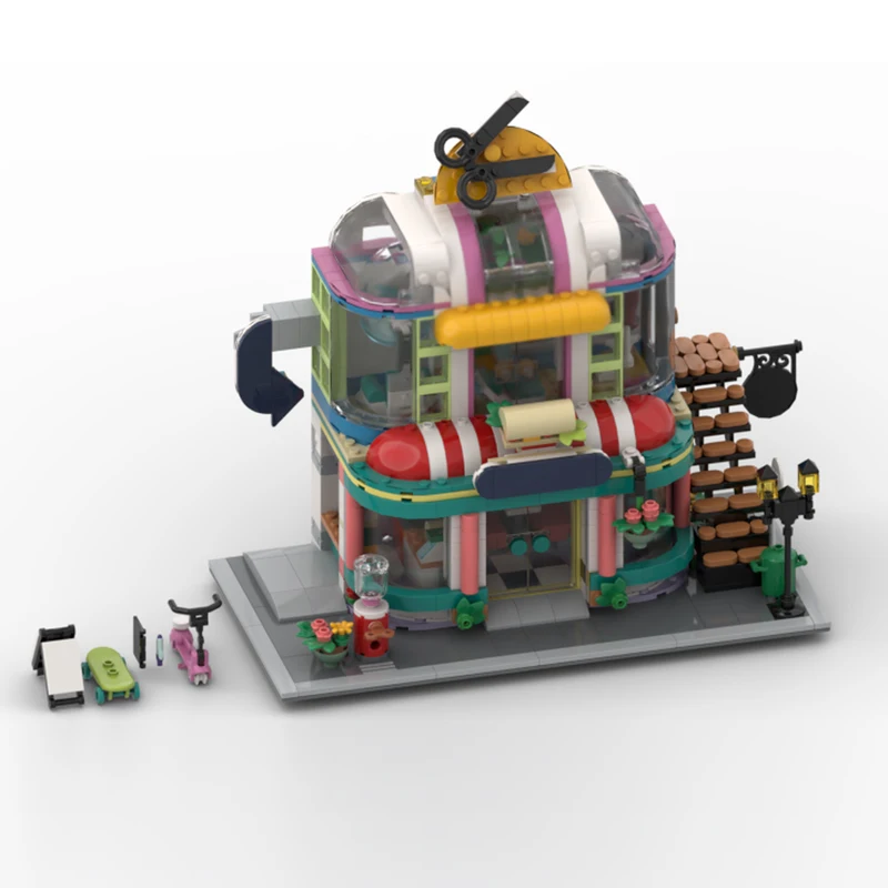 Model ulicy miejskiej MOC Klocki Konstrukcyjne Diner i Salon Fryzjerski Modułowa Technologia Prezenty Świąteczne Zestaw do Składania Zabawki dla Dzieci