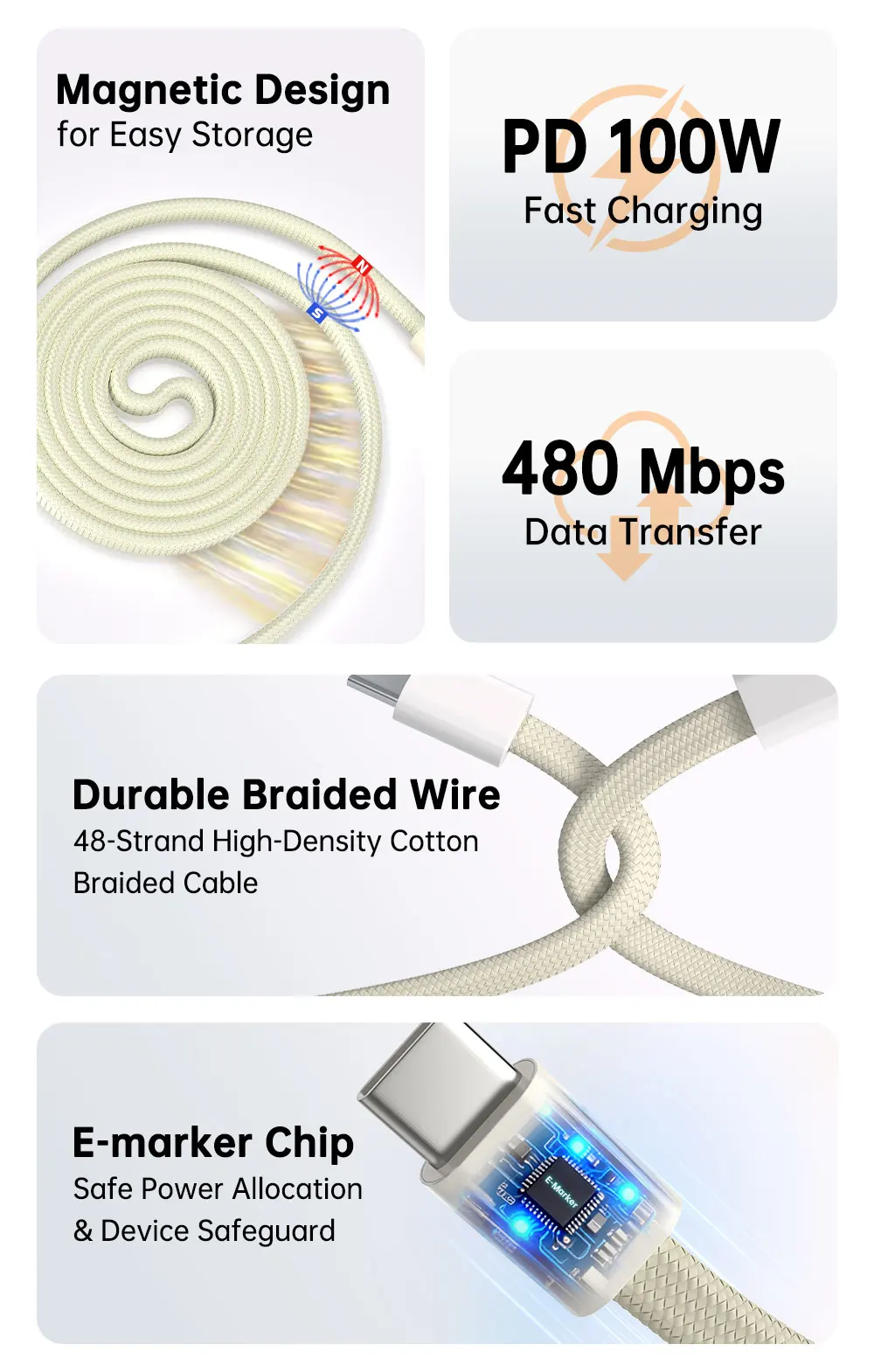 PD 100W USB-C zu Typ-C Schnellladekabel mit magnetischer Befestigung, verwicklungssicher, 480Mbps Datenübertragung, flaches Kabel für iPhone 15 16 17 Mac – Detail 2