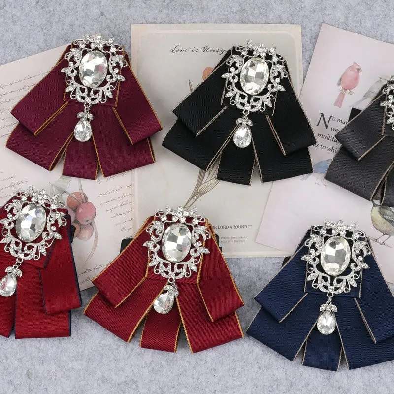 Ręcznie robiony mężczyzna nowy Retro Rhinestone opaska z kokardą diamentowa broszka koszula damska kołnierz solidne biuro biznesowe wzór krawaty