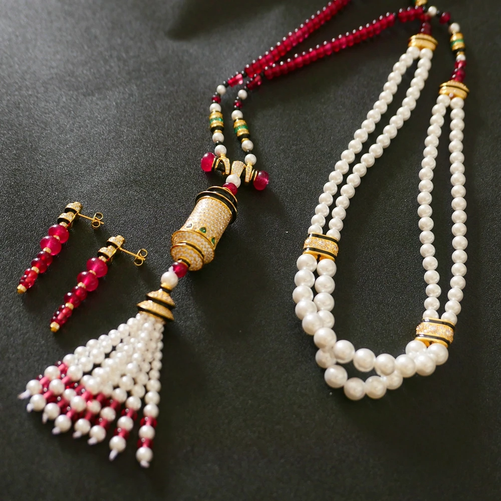 Black Enamel Leopard Print Red Agate White Pearl Tassel Pendant Long Bead Chain Necklace Earrings Luxury Designer Jewelry Sets