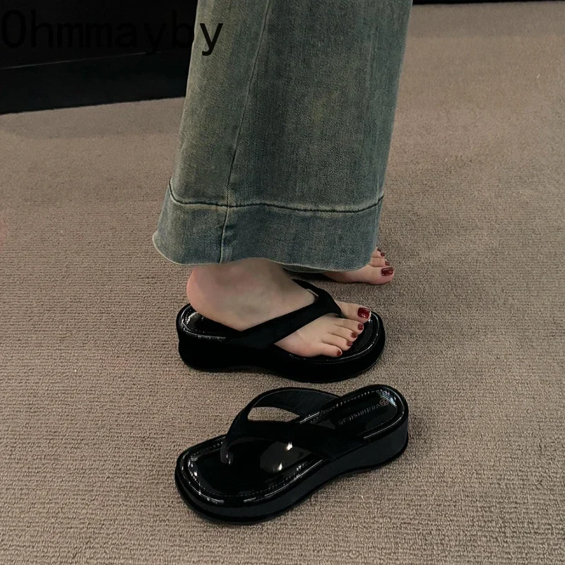 2024 Summer Clip Toe Women Slippers Fashion Elegant Thick Bottom Slides Shoes Ladies Outdoor Wedges Sandalias Flip Flop