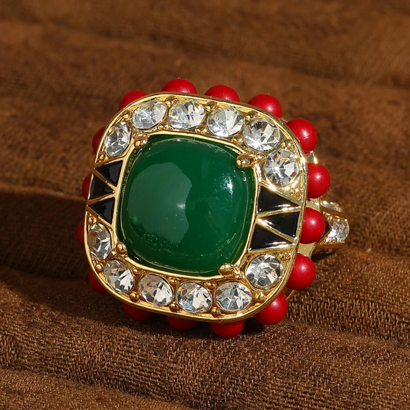 

Vintage Green Agate Rings Gold Color Rhinestone Square Elegant For Women Accessories Quality Luxury Jewelry Designer Party 2026