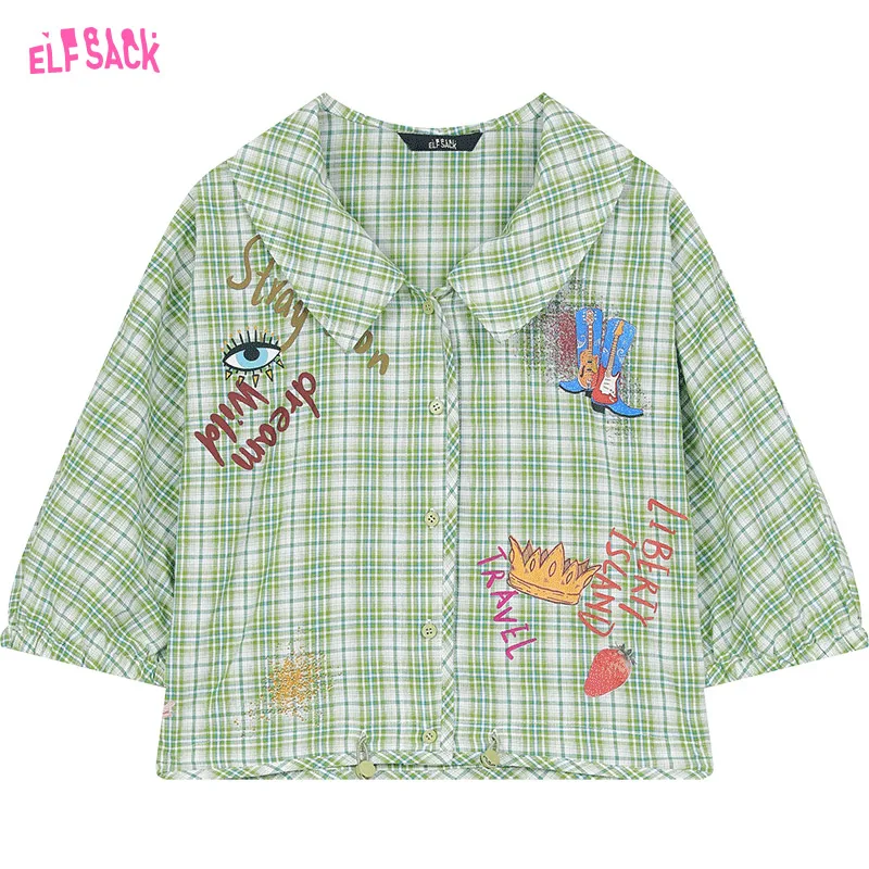 2024 Summer ELFSACK New Arrivals Green plaid sweet retro lantern sleeves printed niche loose plaid shirt for women