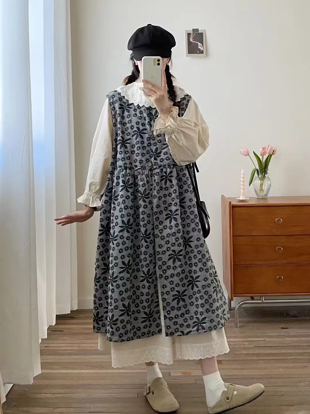 Nuevos vestidos de chaleco de algodón de invierno 2025, vestido suelto INS de estilo japonés Retro de chica Mori con botones estampados y cuello redondo para mujer D5N794CC