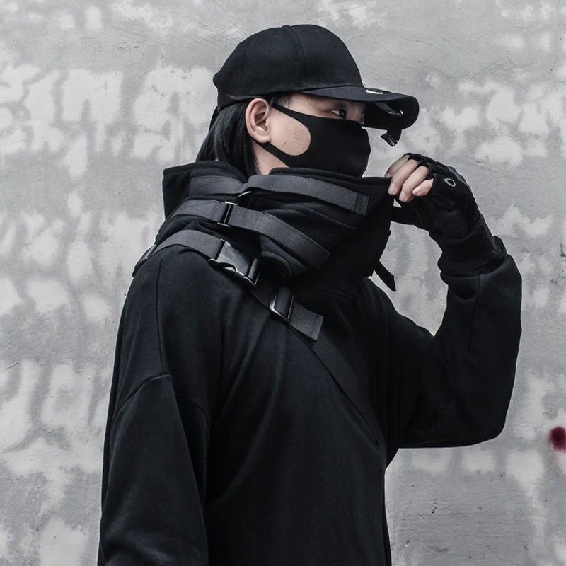 Trendy Male Japanese Style Samurai Dark Black Functional Wind Fish Mouth Hat Hoodie Men's Casual Cyberpunk Hooded Jacket