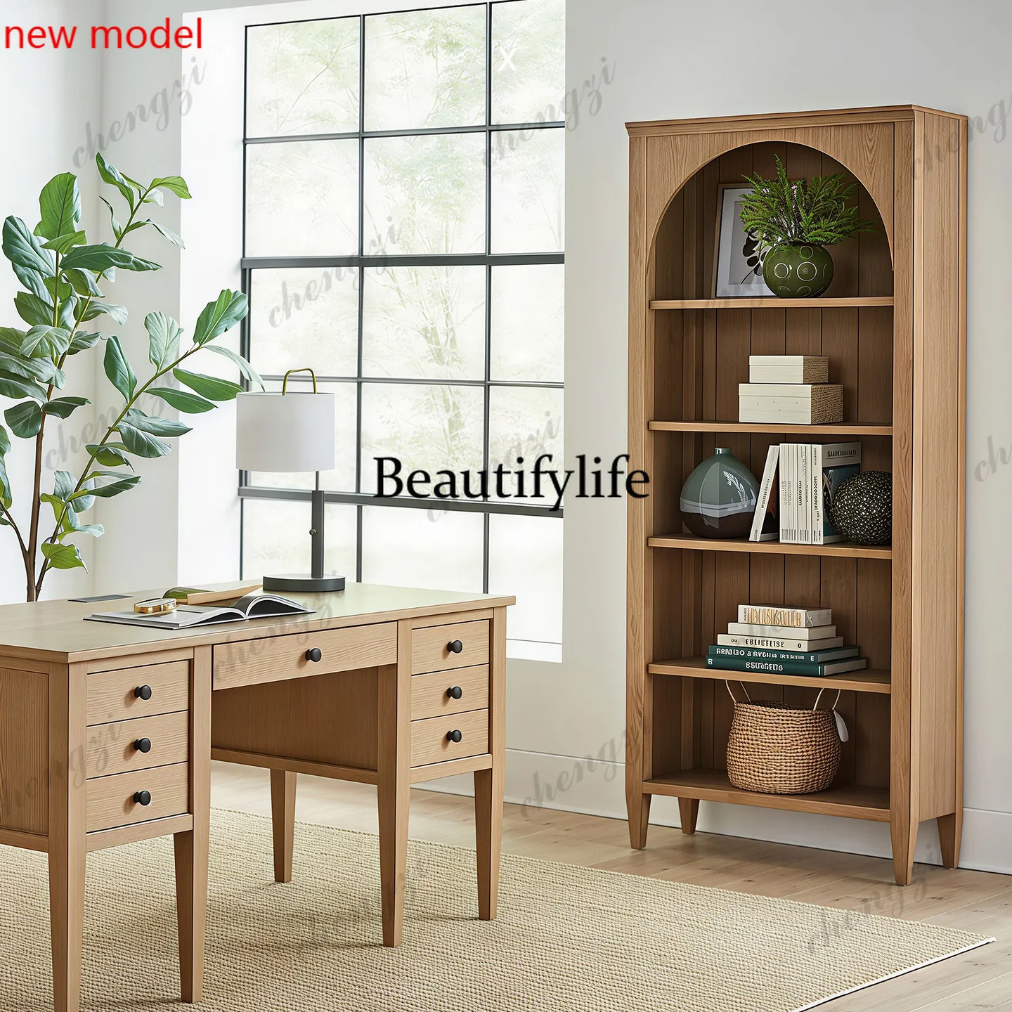 DD182American retro solid wood arched bookcase, living room floor rack, multi-layer storage locker