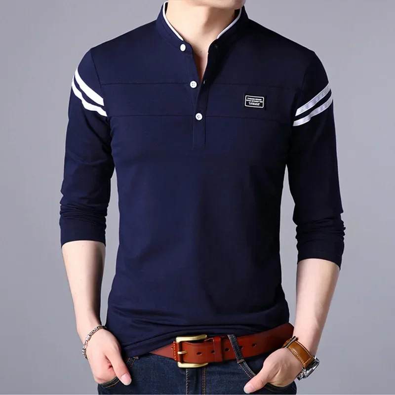 

Casual Men T Shirt Button Neck Collar Long Full Sleeve Tshirt Male Business Fashion Classic Cotton Slim Fit Elegant T-Shirt Tops