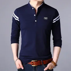 Casual Men T Shirt Button Neck Collar Long Full Sleeve Tshirt Male Business Fashion Classic Cotton Slim Fit Elegant T-Shirt Tops