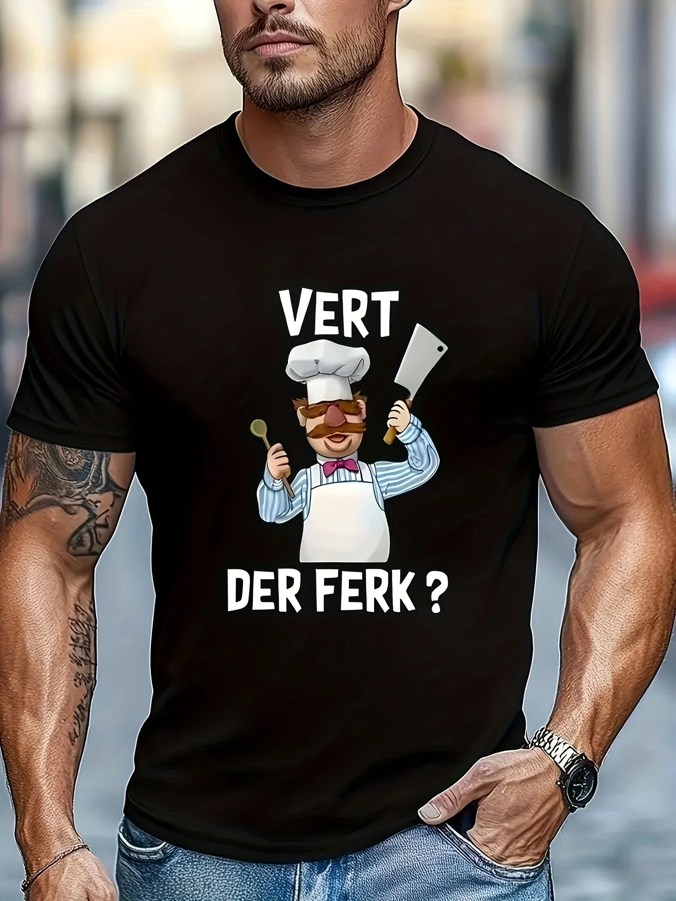 

1 T-Shirt with the Inscription "Vert Der Ferk." Chef Pig Pattern, Casual Round Neck Short Sleeve T-Shirt